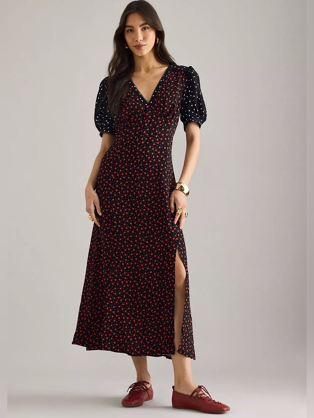 Maeve Anthropologie Heart Print Puff Sleeve Midi Dress NWT L Petite